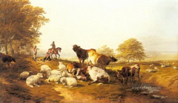  Gran Arte - Ganado y oveja descansando en un extenso paisaje animales de granja Thomas Sidney Cooper